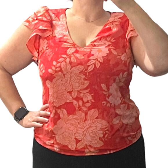 1.State (S) Floral Ruffle Short Sleeve V-Neck Chiffon Blouse Top Fully Lined - Picture 9 of 14